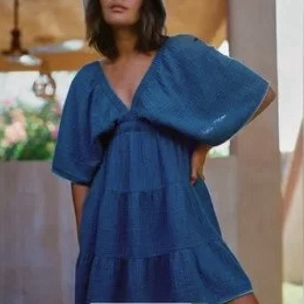 Aerie Pool To Party Dress Cottagecore Coquette Whimsical Feminine Gauze Blue